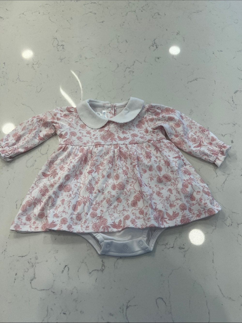 Lyda Baby Pink Toile de Jouy Dress Bodysuit Peter Pan Collar 0-3M
